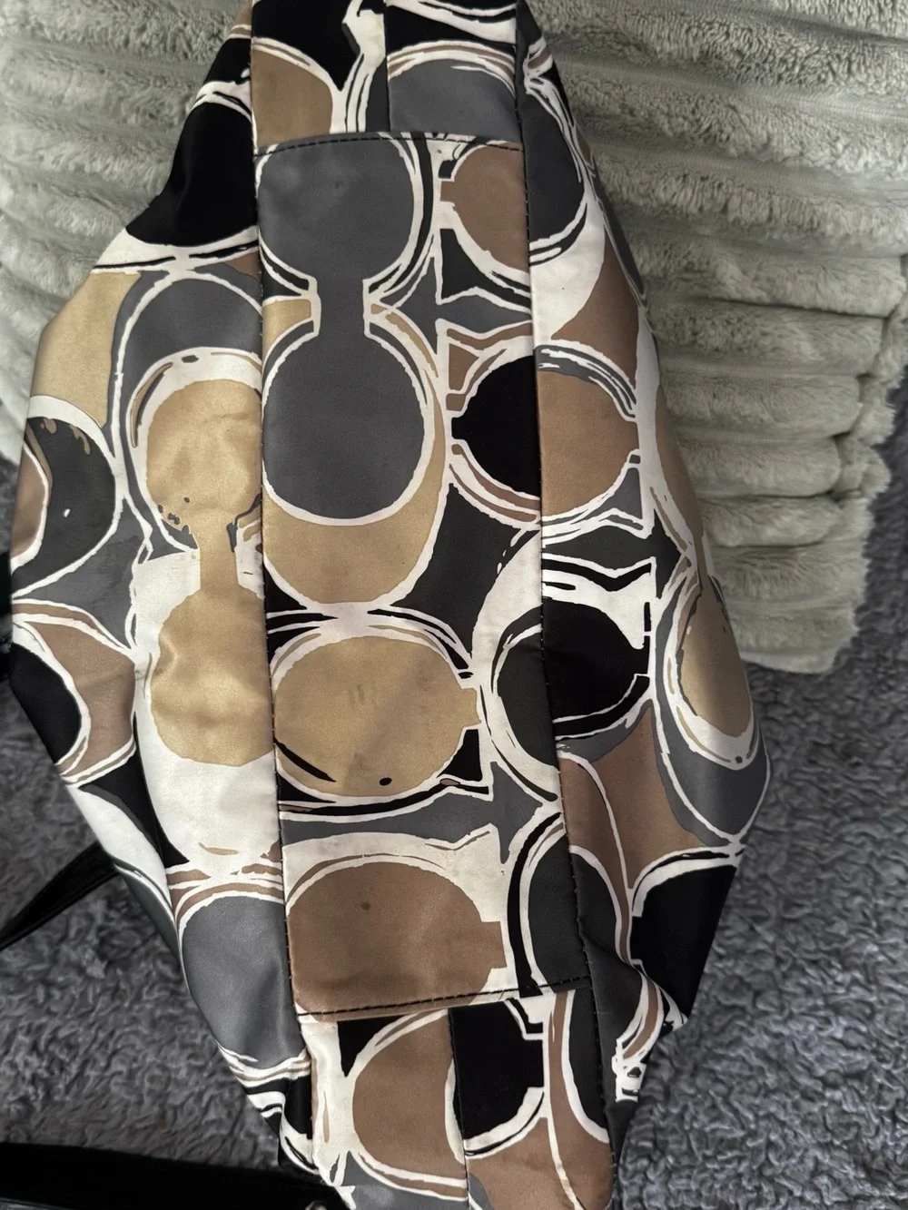Coach Beige, Black & Cream Signature Circle Tote with Patent Trim